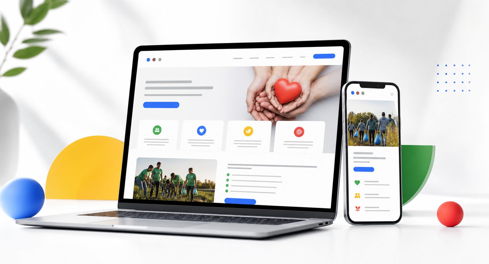 Laptop și telefon cu un website modern pentru un proiect comunitar