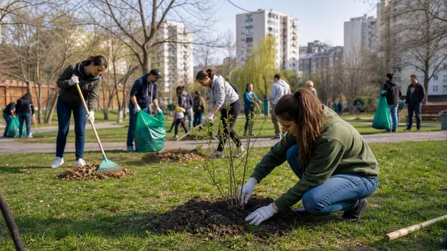 Voluntari plantând copaci într-un parc de cartier