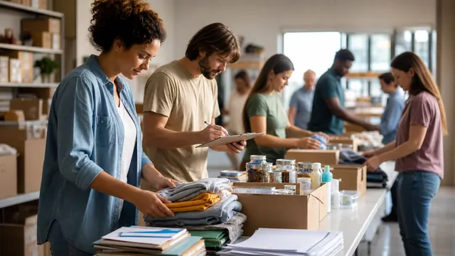 Voluntari organizând materiale într-un centru comunitar
