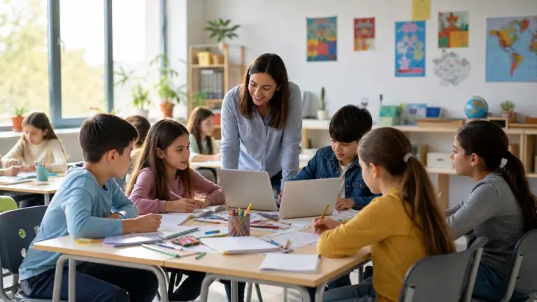 Copii și profesor într-o sală de clasă luminoasă